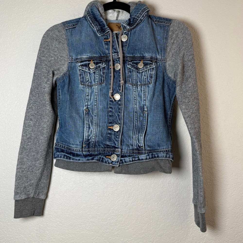 American Eagle Denim Jean Jacket Hoodie Gray Knit Sleeves Womens XS